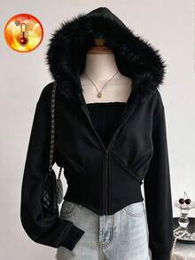 Lurzo Girls' Autumn/Winter Plush Warm Comfortable Zip-Up Hooded Jacket, Ribbed Waist Curved Hem Hooded Top, Outdoor/Back To School/Holiday - Black - View 6
