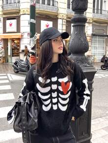 Halloween Dark Y2K Street Style, Skeleton Heart Jacquard Knit Sweater, Suitable For Back To School And Holidays - Black - View 3