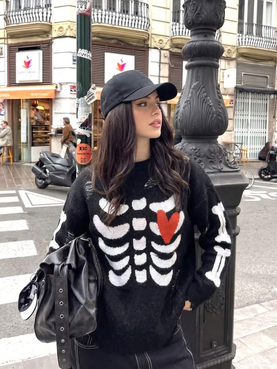 Halloween Dark Y2K Street Style, Skeleton Heart Jacquard Knit Sweater, Suitable For Back To School And Holidays - Black - View 1