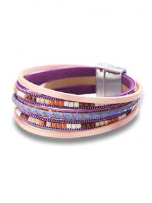 1pc Bohemian Style Purple & Pink Multi-Layer Leather Colorful Beaded Woven Magnetic Clasp Bracelet, Suitable For Women's Daily Commute Wear - Purple - View 12