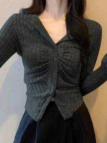 Slim Fit Asymmetrical Pleated Collar Short Base Layer Top, Spring/Autumn - Dark Grey - View 1