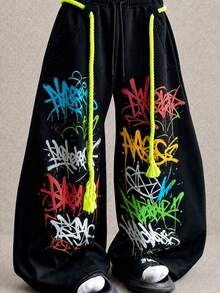 HEYKESON Men's Graffiti Print Loose Fit High Waist Sweatpants With Fluorescent Thick Drawstring, Street Style - Black - View 2