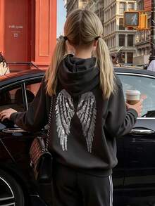 1pc Tween Girls Casual Printed Pullover Sweatshirt, Thermal Lined, Long Sleeve, Autumn/Winter - Dark Grey - View 2