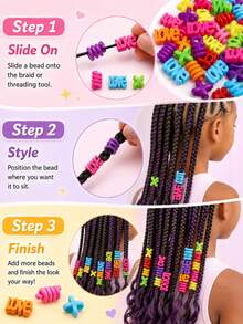 60pcs Girls Hair Beads Set, 3 Mixed Colors, Heart Letter Spiral X-Shaped Braiding Accessories, Suitable For Children And Teenagers - Multicolor - View 7