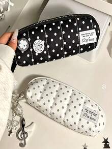 1pc Cream Polka Dot Pencil Case, Ins Style Large Capacity Student Stationery Bag, With Internal Mesh Compartment, Detachable Handle, Sweet Zipper Pencil Pouch, Back To School Stationery Storage Bag, Back To School - Default - View 2