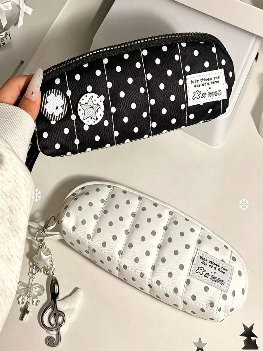 1pc Cream Polka Dot Pencil Case, Ins Style Large Capacity Student Stationery Bag, With Internal Mesh Compartment, Detachable Handle, Sweet Zipper Pencil Pouch, Back To School Stationery Storage Bag, Back To School