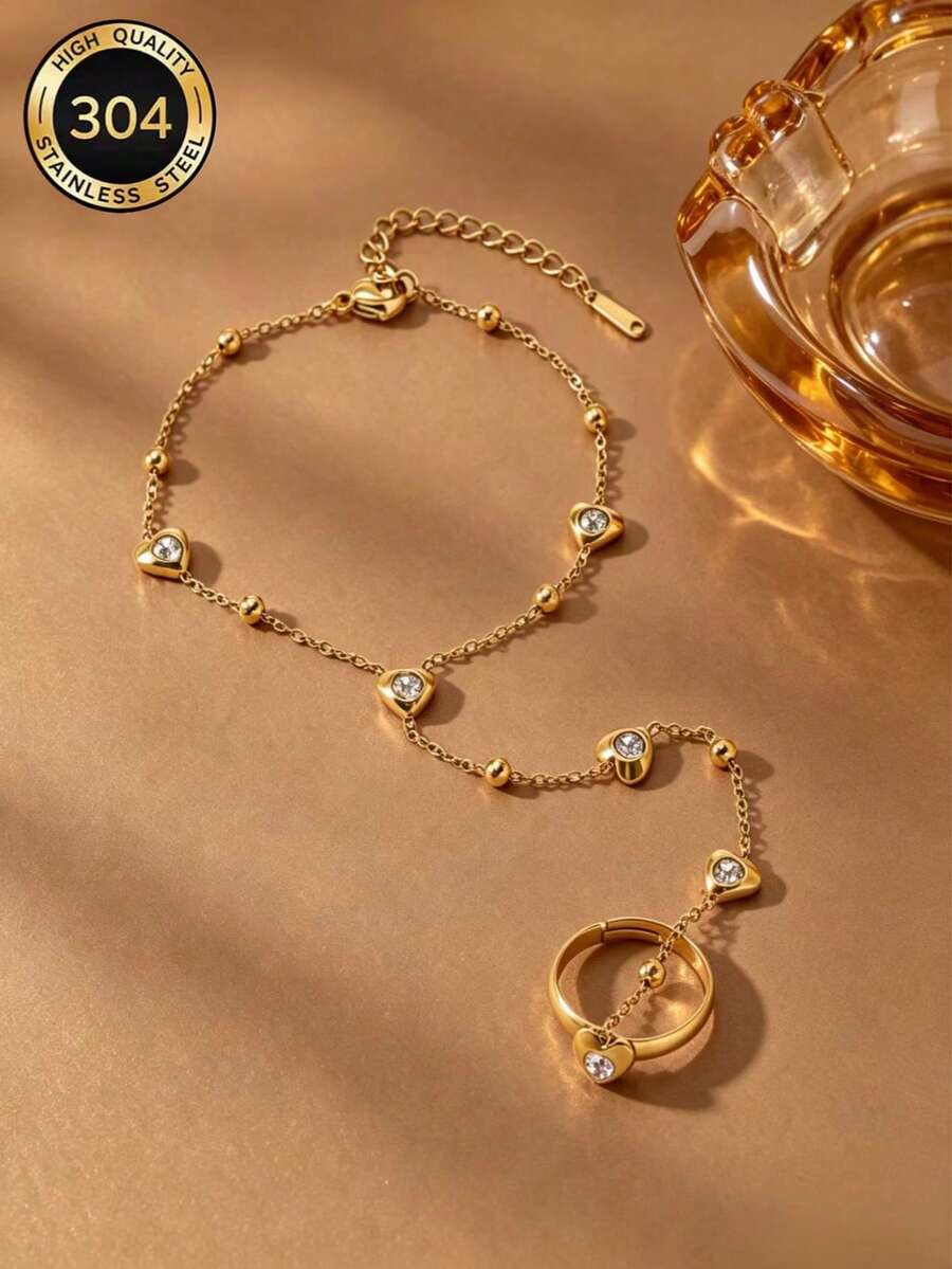 Women Sparkly Heart Rhinestone Hand Chain, Gold‑Tone Stainless Steel Beaded Linked Bracelet Ring, Elegant Wrist Finger Jewelry For Dating Party Gift