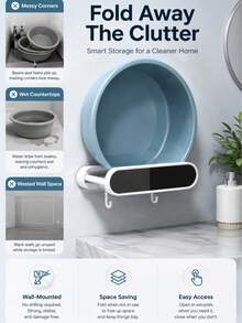 1pc Wall Mounted Wash Basin Holder, Plastic Bathroom Organizer With Adhesive Installation, No Drilling Space Saving Basin Storage Rack With Double Hooks, Washbasin Hanger For Bathroom, Laundry Room, Kitchen Organisation & Bathroom Accessories - Multicolor - View 7