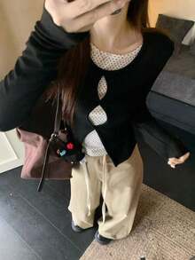 Sweet & Spicy Style Design 2 In 1 Hollow Out Long Sleeve T-Shirt Women's New Polka Dot Base Layer Slim Fit Top - Black - View 2
