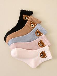 5 Pairs Girls Cartoon Bear Socks, Wavy Ruffle Cuff Mid-Calf Socks, Soft Knitted Neutral Multi-Color Socks, Casual Daily School Socks - Multicolor - View 3