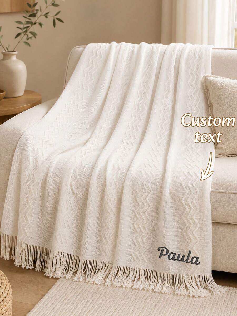 1PC Wavy Line Jacquard Knit Throw Blanket With Custom Embroidery, Customizable Text Detail Featuring Tassel Fringe Edge Trim, 3 Color Choices For Indoor Home Space, Home Accent Piece For Sofa Bed Living Area, Nice Holiday Gift Option For Family