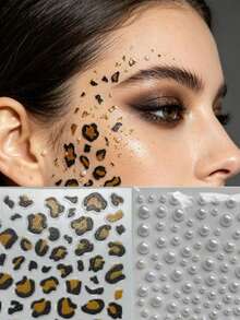 1/2pcs Leopard Print Face Stickers With Rhinestones, 3D Facial Gems, Cheek Makeup Decoration, Suitable For EDM Festival, Music Festival, Halloween, Cosplay, Party, Holiday And Other Occasions - Multicolor - View 5