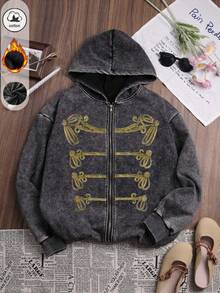 Pure Cotton Autumn/Winter Women's "Napoleon Military Knot" Print Street Y2K Style Black Washed Zipper Jacket - Black - View 2