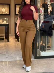 Celana Panjang Lurus Wanita Bahan Polyester, Celana Serbaguna Tidak Melar, Cocok untuk Pemakaian Sehari-hari di Musim Gugur - Coklat - View 4