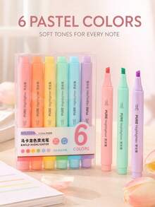 6pcs Macaron Color Fluorescent Markers, Wide Chisel Tip, Quick-Drying Water-Based Ink, Soft Pastel Colors, Suitable For Notes, Study, Planner, Journal, Scrapbook, School And Office Supplies - Multi-color - View 2