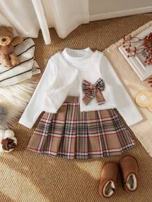 3pcs Baby Girl Gentle Academy Style Plush Plaid Bow Vest + Solid Color Small Stand Collar Long Sleeve Base Layer + Matching Plaid Pleated Skirt Set, Autumn/Winter - Khaki - View 3