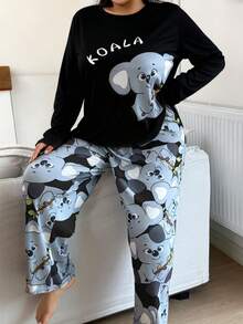 Women's Plus Size Pajama Set, Star Print, Long Sleeve Long Pants Loungewear Set, Plus Size Loose Comfortable Casual, Autumn/Winter Clothing - Black - View 3