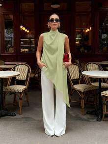 Women's Daily Casual Elegant Versatile Solid-Color High-Neck Strapless Sleeveless White Satin Top Featuring An Asymmetrical Hem Top, Spring Summer - Green - View 1