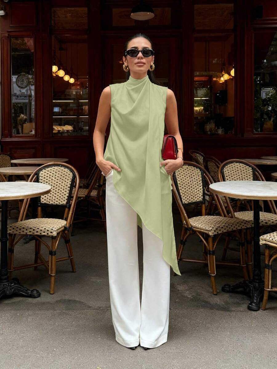 Women's Daily Casual Elegant Versatile Solid-Color High-Neck Strapless Sleeveless White Satin Top Featuring An Asymmetrical Hem Top, Spring Summer - Green - View 1