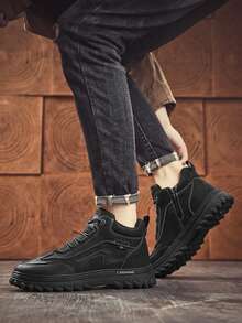 Men's Fashion Cargo Style Style Versatile High-Top Boots, Lace-Up PU Leather Non-Slip Thick Sole, Outdoor Personalized Daily Commute Versatile Boots - Black - View 5