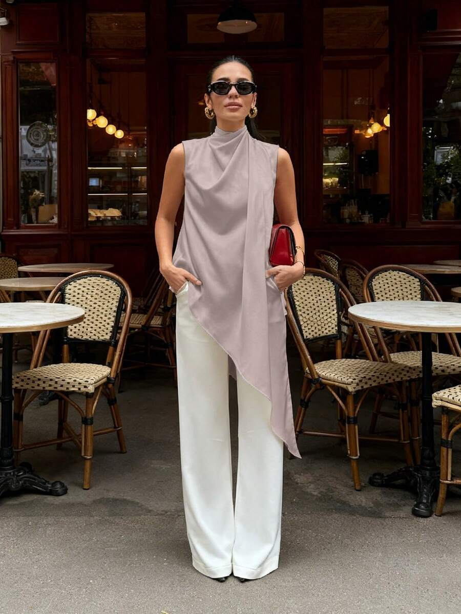 Women's Daily Casual Elegant Versatile Solid-Color High-Neck Strapless Sleeveless White Satin Top Featuring An Asymmetrical Hem Top, Spring Summer - Mauve Purple - View 1