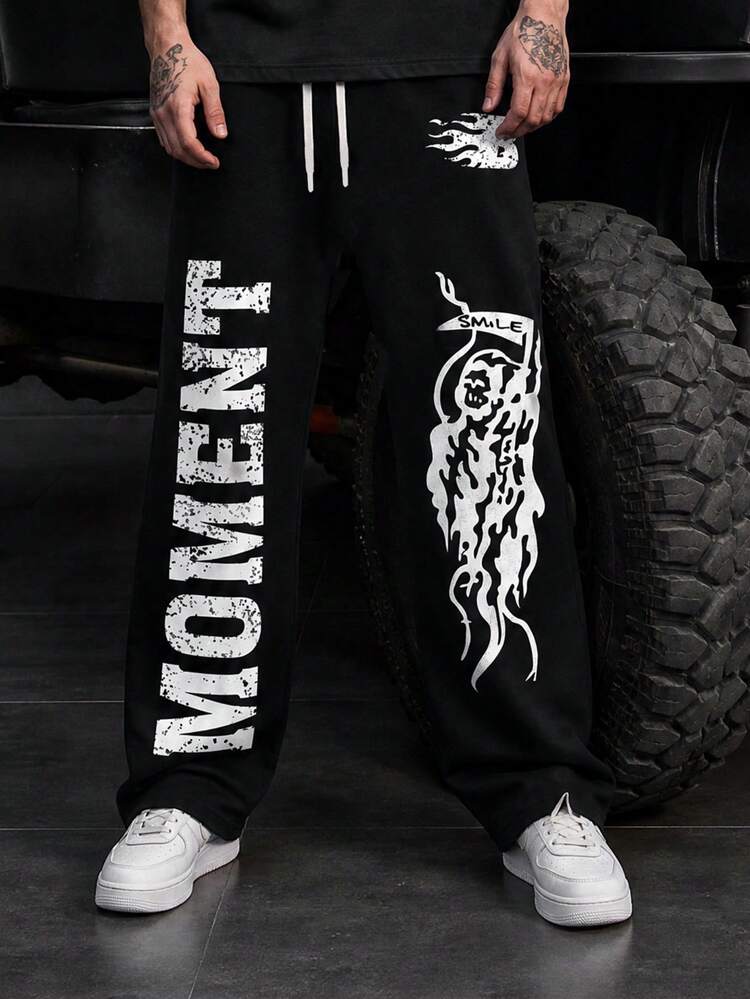 Men's American Vintage Grim Reaper Scythe MOMENT Letter Print Straight Leg Casual Sweatpants - Black - View 1