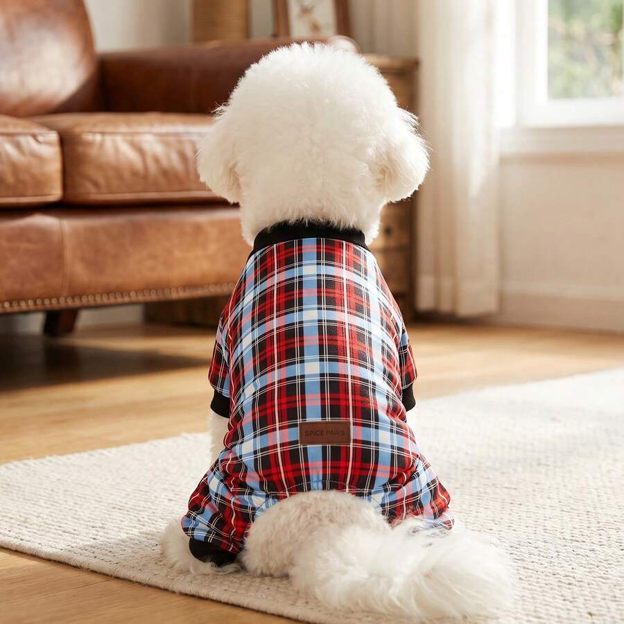 1pc Dog , Dual-Color Plaid Dog Four-Legged Outfit, Soft And Comfortable Pet Home Wear, Suitable For Small/Medium Dogs, Puppies, Cats, Autumn/Winter Outdoor And Indoor Use - Blue - View 1