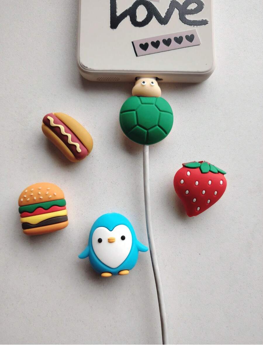 5pcs Cartoon Hamburger Hot Dog Strawberry Charging Cable Protector Compatible With Apple, Anti-Breakage Cable Protector Design, Fun Gift For Phone Data Cable - Multicolor - View 1