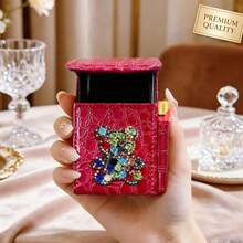 Cute Rhinestone Bear Mini Flip Storage Case, Crocodile Texture Faux Leather Small Cosmetic Pouch, Portable Lipstick Eraser Jewelry Organizer Box With Pen Slot, Compact Decorative Holder For Tiny Accessories, Ideal Daily Use & Gift - Multicolor - View 4
