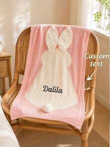 1pc Customized Name Embroidered 3D Rabbit Applique Knitted Blanket, Shaped Pattern With Pom Pom Tail And Ribbed Hem, 3 Colors Available, Suitable For Home Space, Sofa Bedroom Living Room Decorative Blanket, Ideal Holiday Gift For Family Members - Multicolor - View 2
