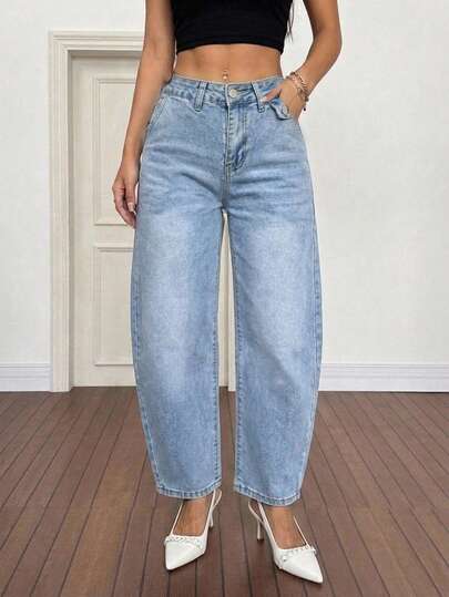 Jeans de corte hoz de cintura alta para mujer, pantalones anchos holgados de nueve puntos con lavado degradado