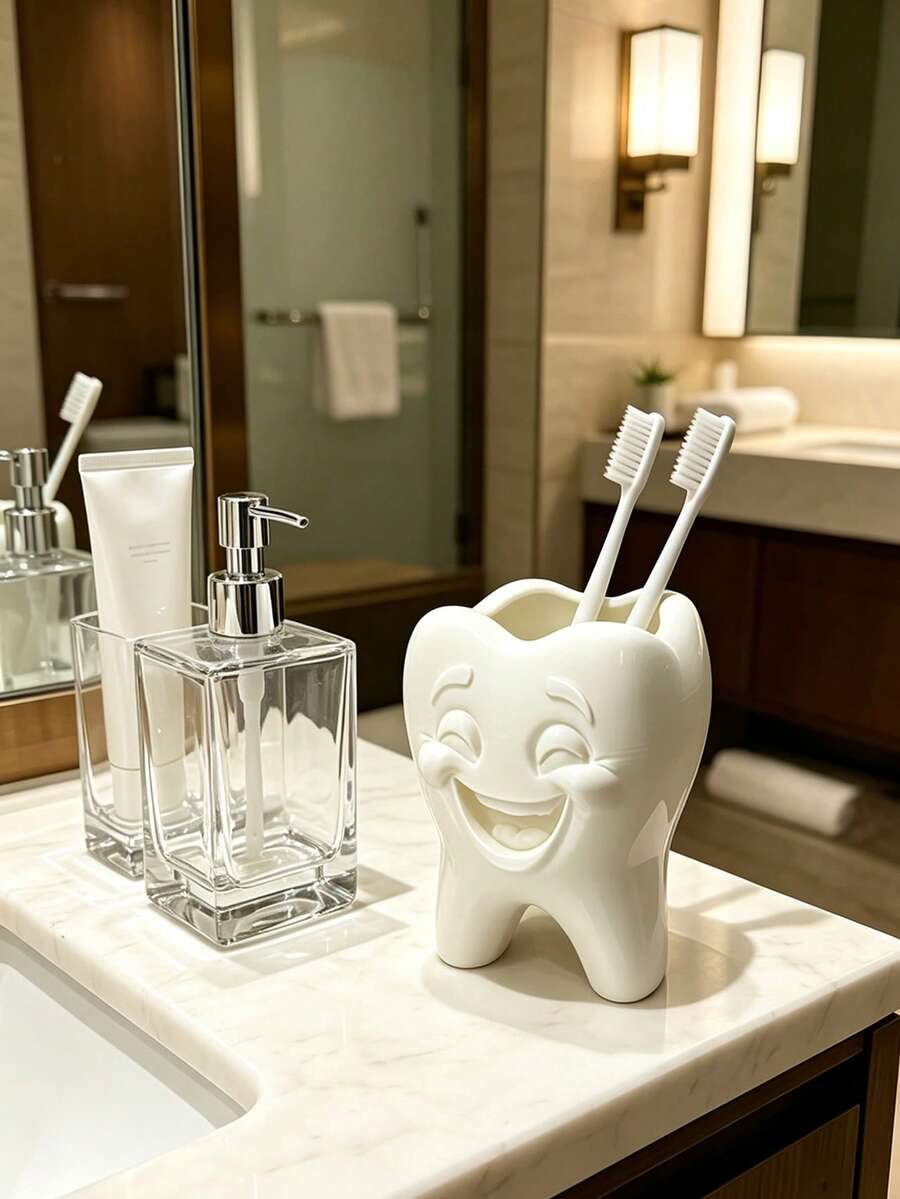 Happy Tooth-Shaped Toothbrush Holder, Creative 3D Printed Happy Face Design, Bathroom Storage Box, Toothbrush And Toothpaste Organizer, Bathroom Countertop Lilac Style Toiletries Storage Rack