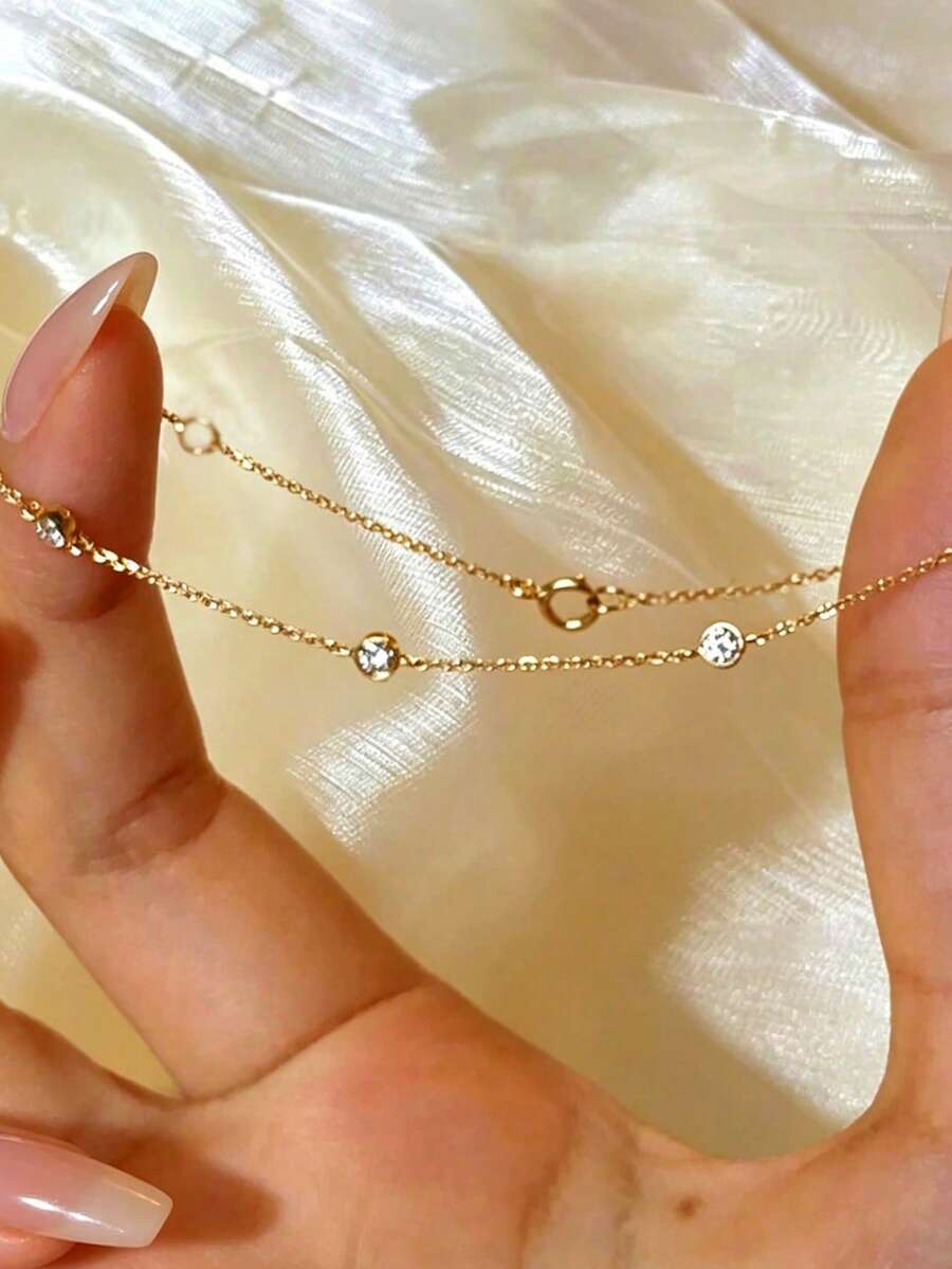 1pc Classic Minimalist Elegant Zirconia Thin Bracelet, 304 Stainless Steel With Copper Bubble Rhinestone Decor Chain, Versatile Jewelry - Gold - View 1