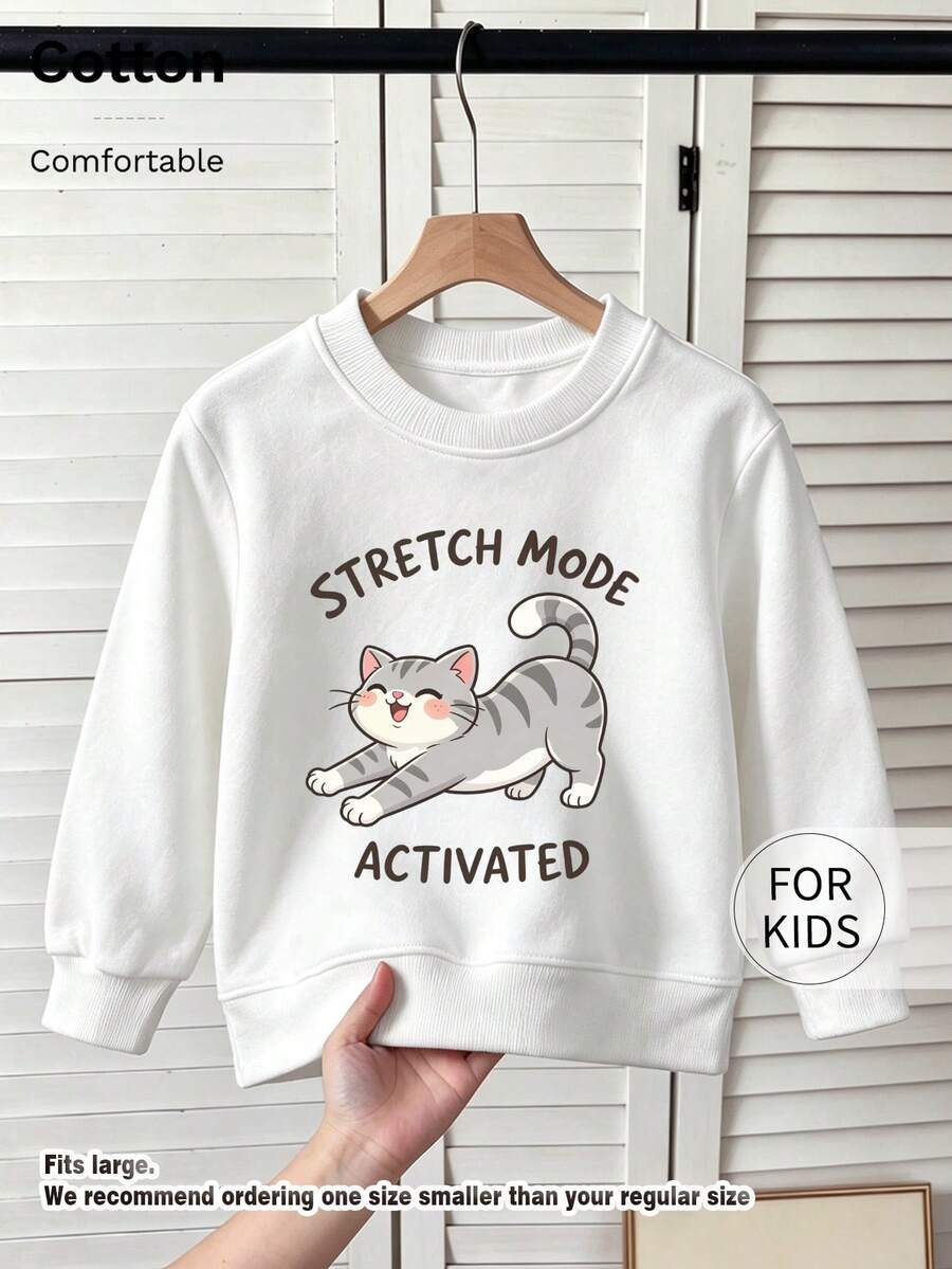Tween Girl Crew Neck Sweatshirt, Stretch Mode Activated Stretching Cartoon Cat Printed Cotton Pullover, Soft Casual Long Sleeve Top - White - View 1