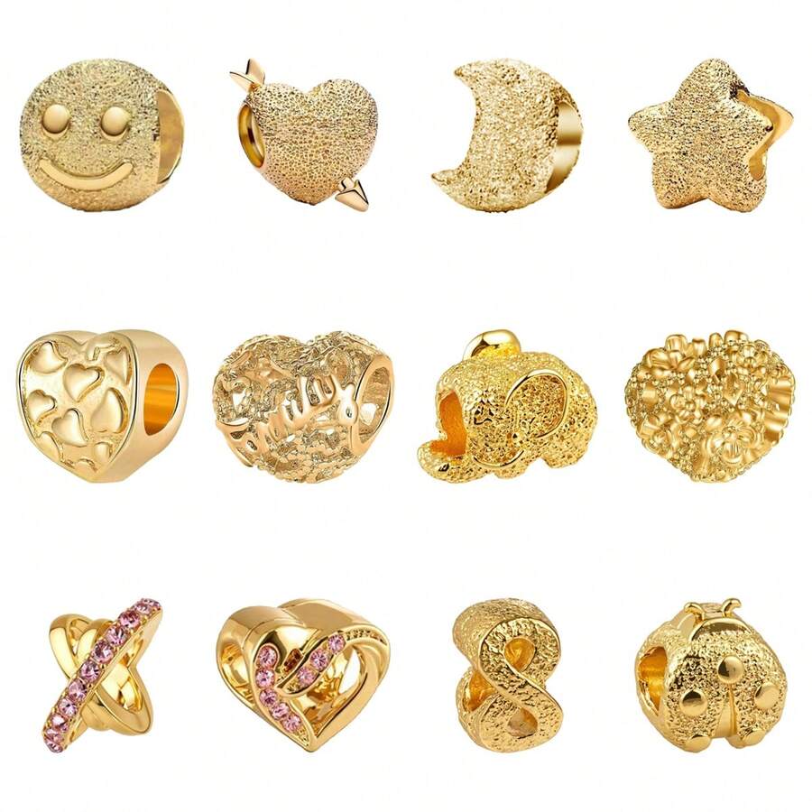 1pc Vintage Gold-Plated Large Hole Bead String, Smiling Face, Heart, Moon, Star, Elephant, Ladybug, Infinity Symbol, Bow Pendant, Suitable For Bracelet Handmade Craft, Jewelry Designed For Girls And Women - Gold - View 1