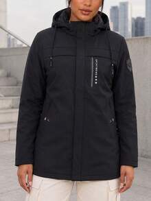 Jaket Wanita Outdoor Lengan Panjang Minimalis dengan Resleting dan Motif Huruf - Hitam - View 4