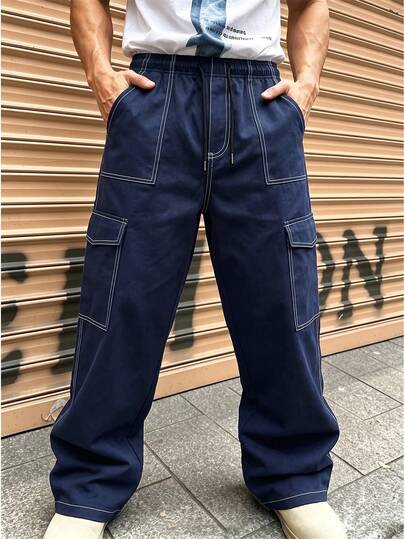 Men's Navy Blue Cargo Pants, Drawstring Waist With Contrast Stitching, Side Pockets, Straight Leg Fit, Casual Sports Outdoor Trousers