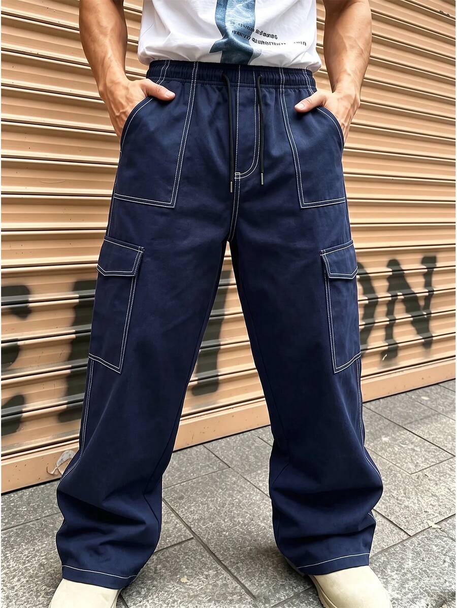 Men's Navy Blue Cargo Pants, Drawstring Waist With Contrast Stitching, Side Pockets, Straight Leg Fit, Casual Sports Outdoor Trousers - Navy Blue - View 1