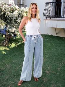 Light Color Straight Leg Wide Leg Cropped Plus Size Women's Jeans Solid Denim Drawstring Full Waist Elastic Band Wide Leg Plus Size Women's Cropped Jeans Holiday Home All Seasons - Light Blue - View 3