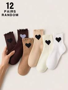 6 Pairs/12 Pairs Random Women's Heart Embroidery Ruffle Trim Crew Socks, Cute Knitted Soft Breathable Casual Everyday Socks - Multicolor - View 9