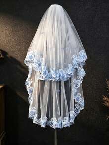 Fresh Blue Floral Embroidered Double Layer Veil, Vintage Mori Style Outdoor Wedding Bridal Face Veil Photography Styling Accessory - Multicolor - View 5