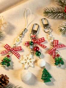 New Christmas Tree Phone Lanyard Crystal Beads Red Plaid Bow Keychain Christmas Gift Bag Charm - Multicolor - View 2