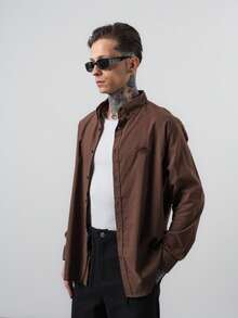 Men's Embroidered Patch Long Sleeve Oversize Shirt Brown - Brown - View 2