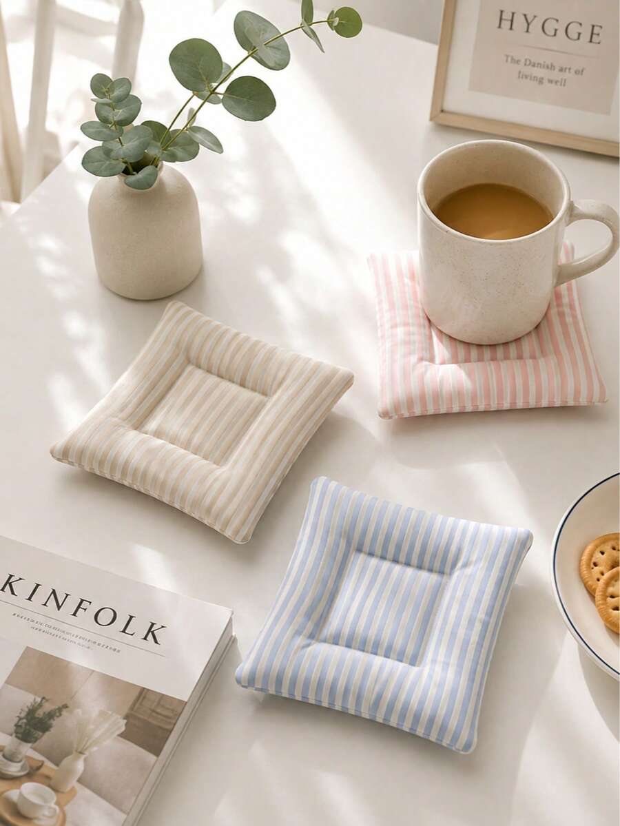 1pc Vintage Striped Linen Coaster, Absorbent Heat-Insulating Thick Soft Pad, Soft Reusable Coffee Tea Cup Mat, Farmhouse Style Home Restaurant Decor, Perfect Gift For Christmas Halloween Thanksgiving