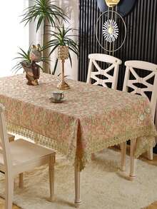 1pc Vintage Pink Floral Embroidered Lace Tablecloth, Gold Scalloped Lace Edge Transparent Mesh Table Cover, Elegant French Style Dining Tablecloth, Suitable For Dining Table, Wedding Banquet And Home Decor - Pink - View 6