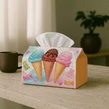 1pc Ice Cream Cone Dessert Print Fabric Tissue Box Cover, Pastel Color Cute Tissue Box Holder, Kitchen Desktop Picnic Activity Tissue Storage Cover, Home Tissue Box Protector - Multicolor - View 6