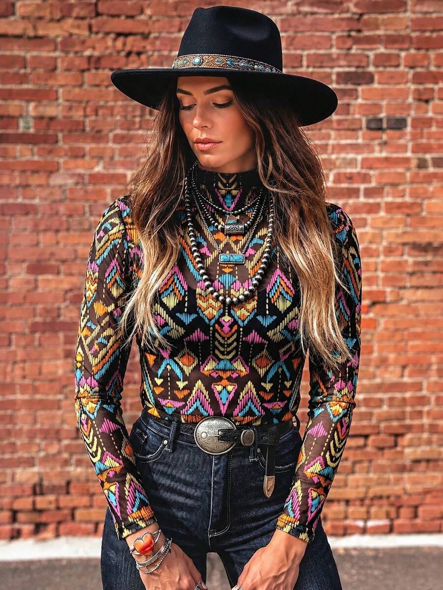 Acelitt Women's Abstract All-Over Print Faux Collar Long Sleeve Slim Fit Top, Suitable For Spring And Autumn - Multicolor - View 1