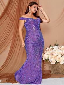 Plus Size Violet Iridescent Sequin Off-Shoulder Backless Mermaid Long Party Evening Gown - Violet Purple - View 4