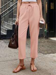 Jisfaneya Women's Solid-Color Drawstring Waist Casual Pants With Pockets Pink - Pink - View 5