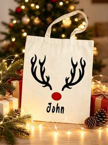 Custom Name Reindeer Antlers Print Canvas Tote Bag, Personalized Christmas Rudolph Pattern Shoulder Bag, Gift For Christmas Lover - Multicolor - View 2